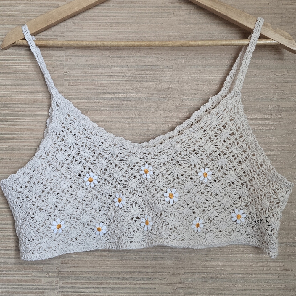 Boho Crochet Daisy Crop Top One Size Hippie Dainty Feminine Floral
